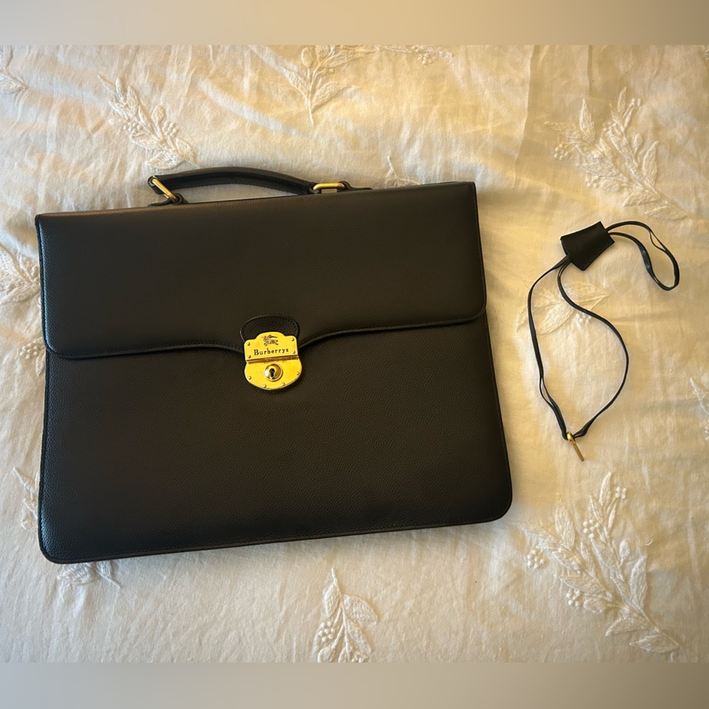 Vintage 1990s Burberry Black Leather Briefcase with Gold Lock